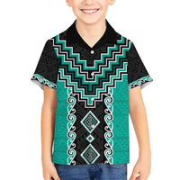 Teal Niho Taniwha Mix Poutama Family Matching Off Shoulder Maxi Dress and Hawaiian Shirt Unique Taniko Aotearoa