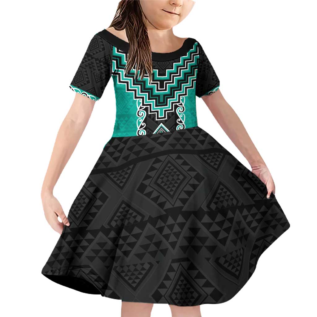 Teal Niho Taniwha Mix Poutama Family Matching Off Shoulder Short Dress and Hawaiian Shirt Unique Taniko Aotearoa LT01 Daughter's Dress Teal - Polynesian Pride