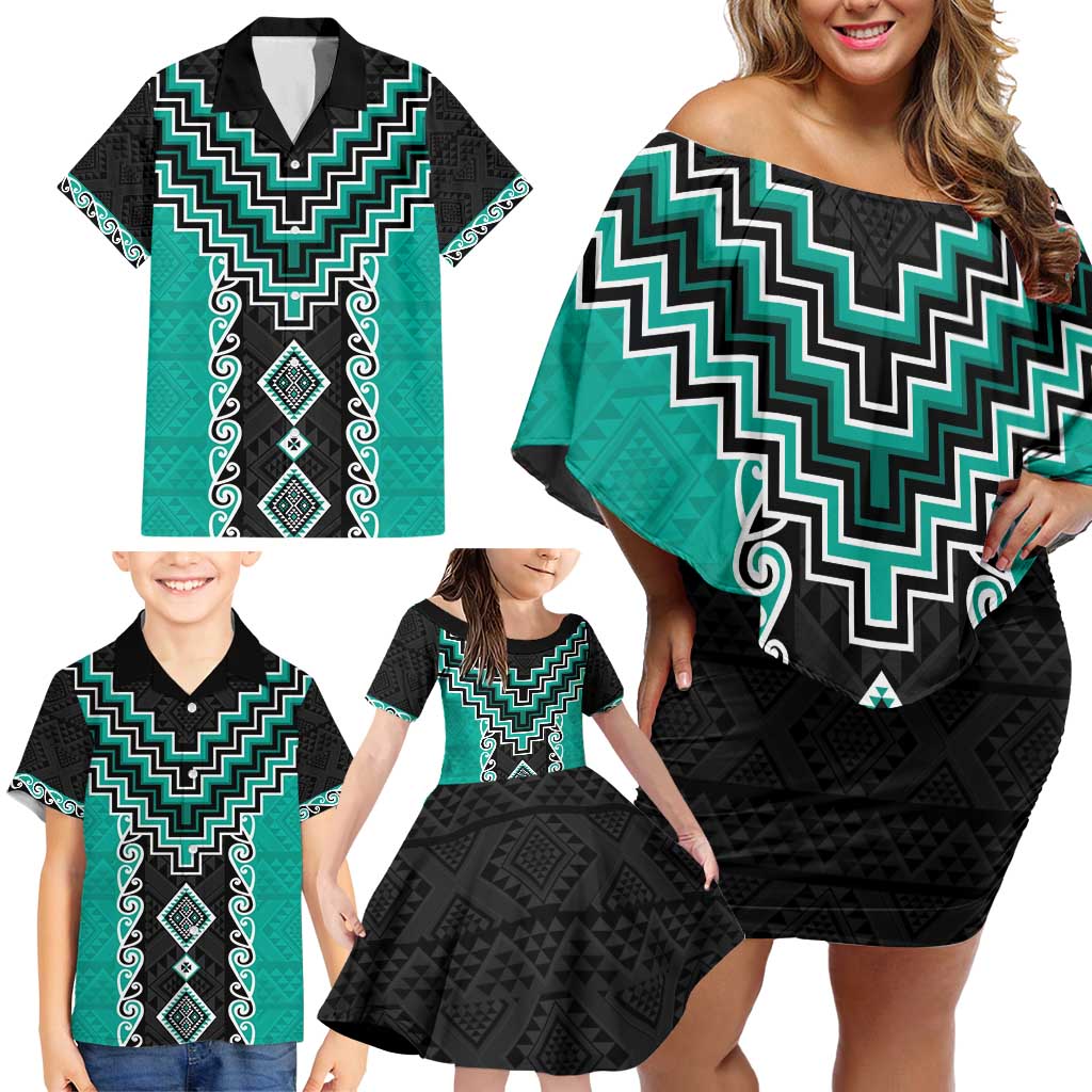 Teal Niho Taniwha Mix Poutama Family Matching Off Shoulder Short Dress and Hawaiian Shirt Unique Taniko Aotearoa LT01 - Polynesian Pride