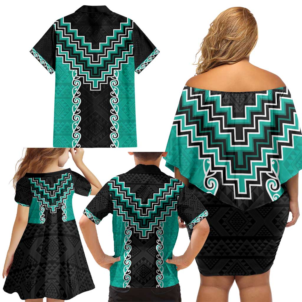 Teal Niho Taniwha Mix Poutama Family Matching Off Shoulder Short Dress and Hawaiian Shirt Unique Taniko Aotearoa LT01 - Polynesian Pride