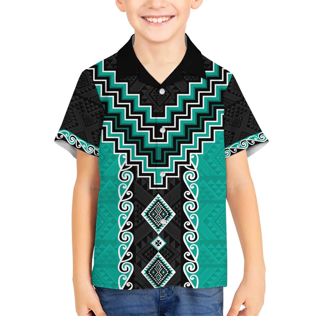 Teal Niho Taniwha Mix Poutama Family Matching Off Shoulder Short Dress and Hawaiian Shirt Unique Taniko Aotearoa LT01 Son's Shirt Teal - Polynesian Pride