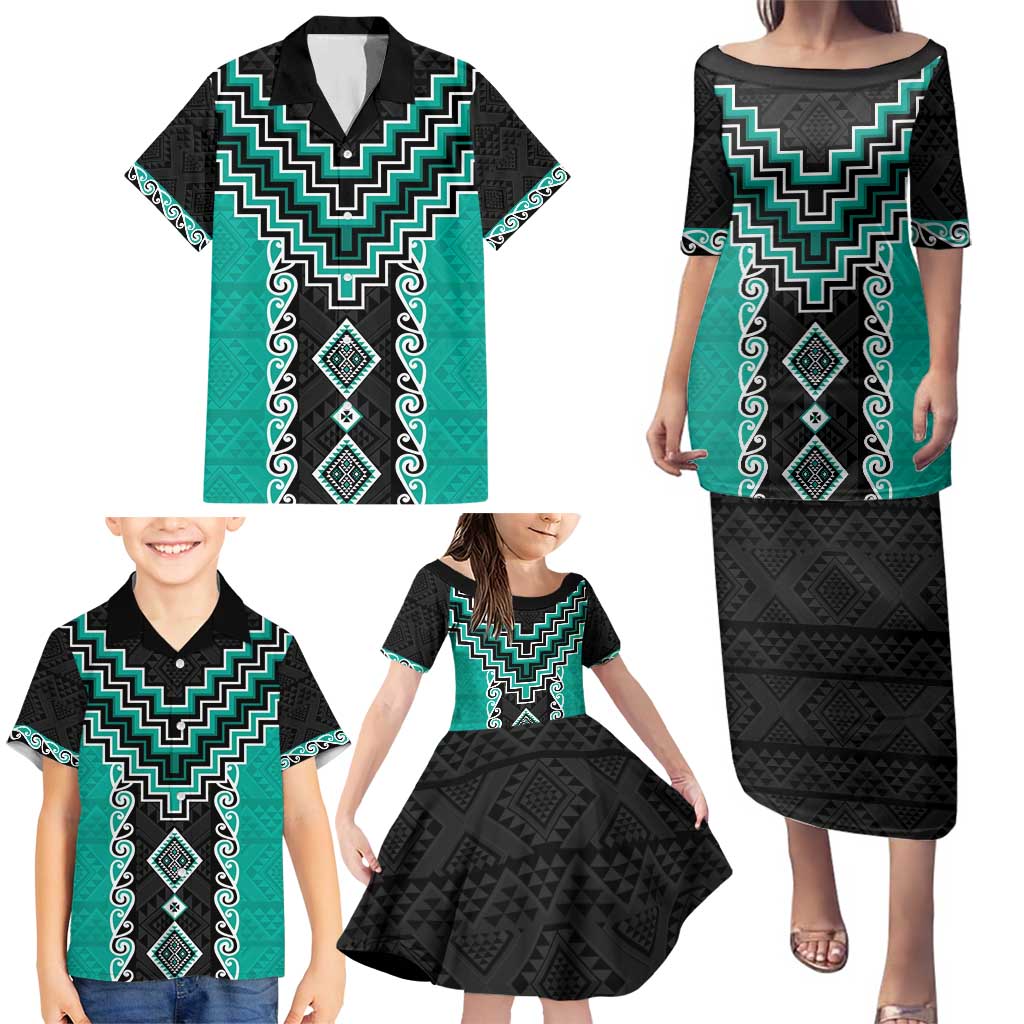 Teal Niho Taniwha Mix Poutama Family Matching Puletasi and Hawaiian Shirt Unique Taniko Aotearoa LT01 - Polynesian Pride