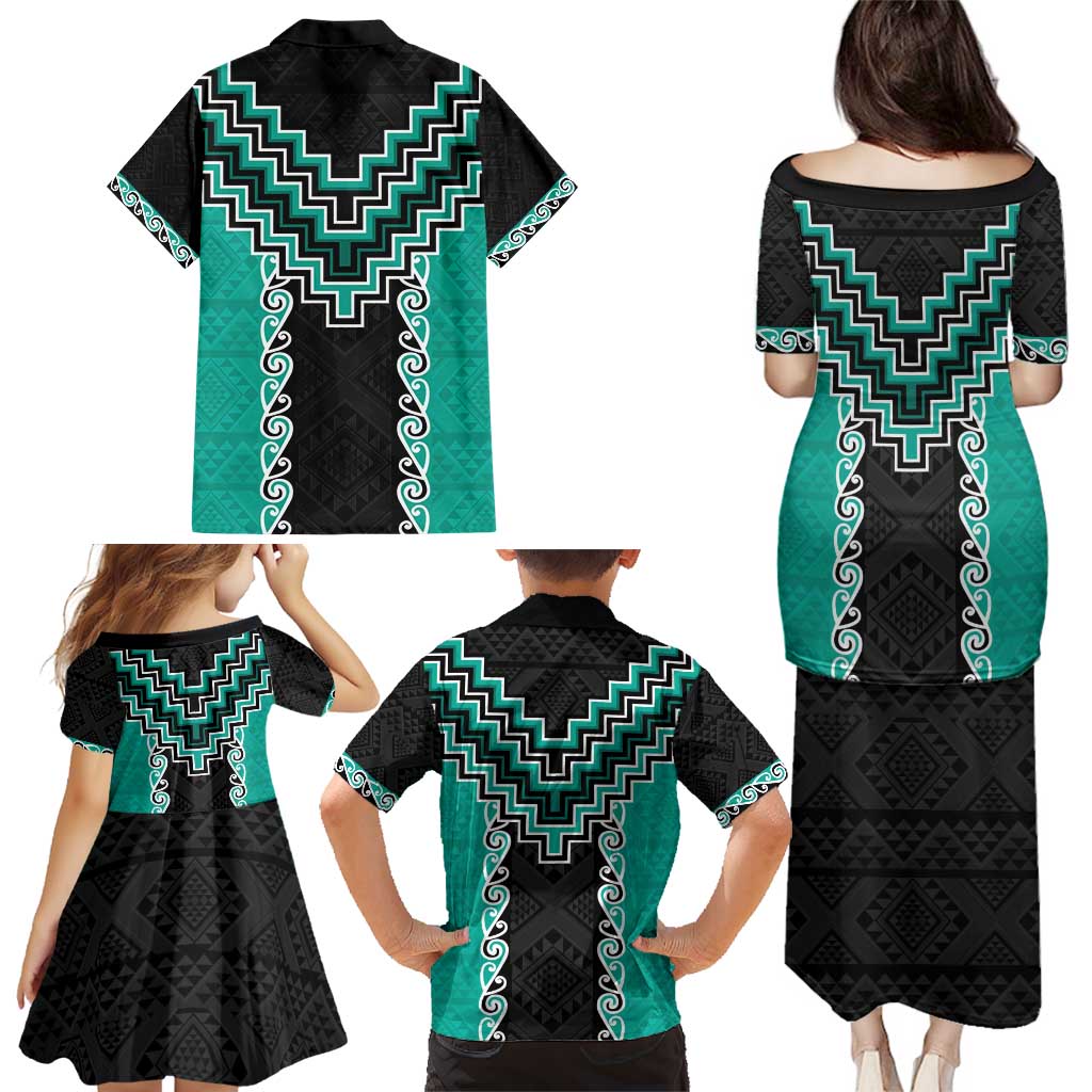 Teal Niho Taniwha Mix Poutama Family Matching Puletasi and Hawaiian Shirt Unique Taniko Aotearoa