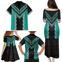 Teal Niho Taniwha Mix Poutama Family Matching Puletasi and Hawaiian Shirt Unique Taniko Aotearoa