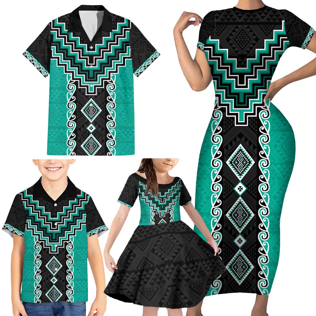 Teal Niho Taniwha Mix Poutama Family Matching Short Sleeve Bodycon Dress and Hawaiian Shirt Unique Taniko Aotearoa LT01 - Polynesian Pride