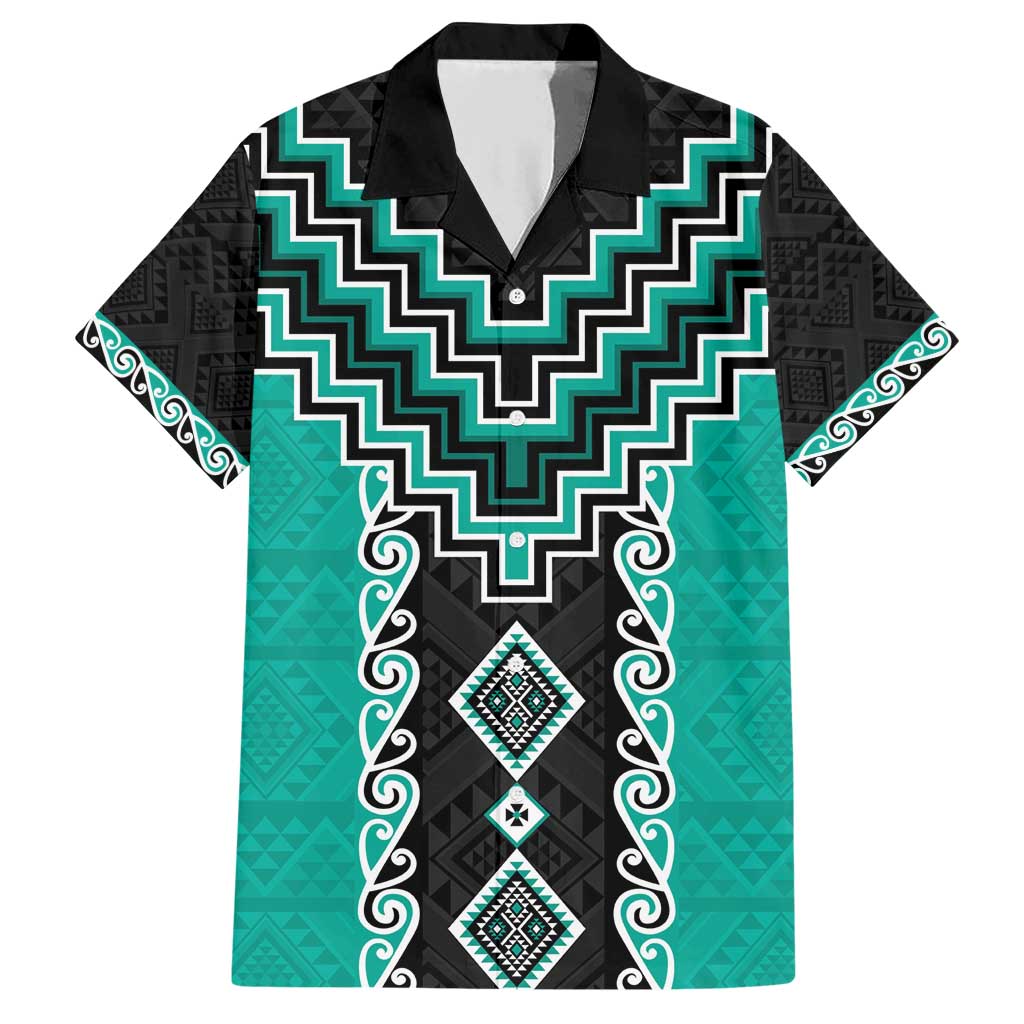 Teal Niho Taniwha Mix Poutama Family Matching Short Sleeve Bodycon Dress and Hawaiian Shirt Unique Taniko Aotearoa LT01 Dad's Shirt - Short Sleeve Teal - Polynesian Pride
