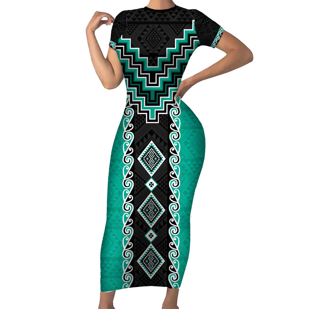 Teal Niho Taniwha Mix Poutama Family Matching Short Sleeve Bodycon Dress and Hawaiian Shirt Unique Taniko Aotearoa LT01 Mom's Dress Teal - Polynesian Pride