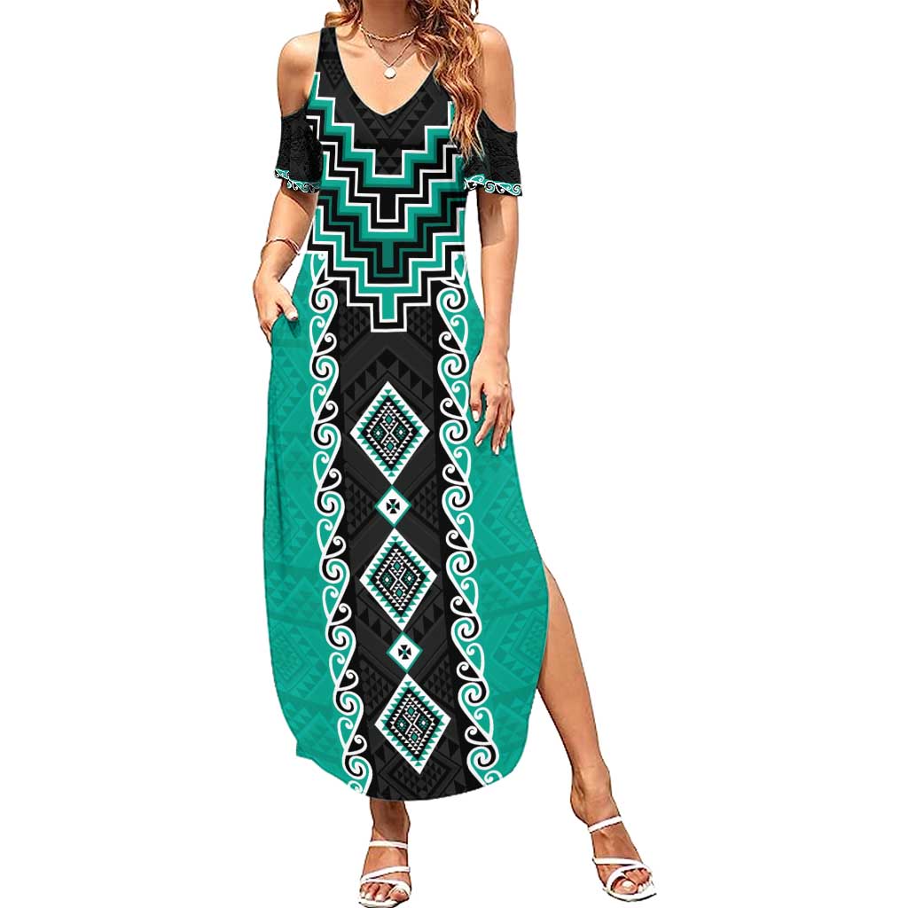 Teal Niho Taniwha Mix Poutama Family Matching Summer Maxi Dress and Hawaiian Shirt Unique Taniko Aotearoa