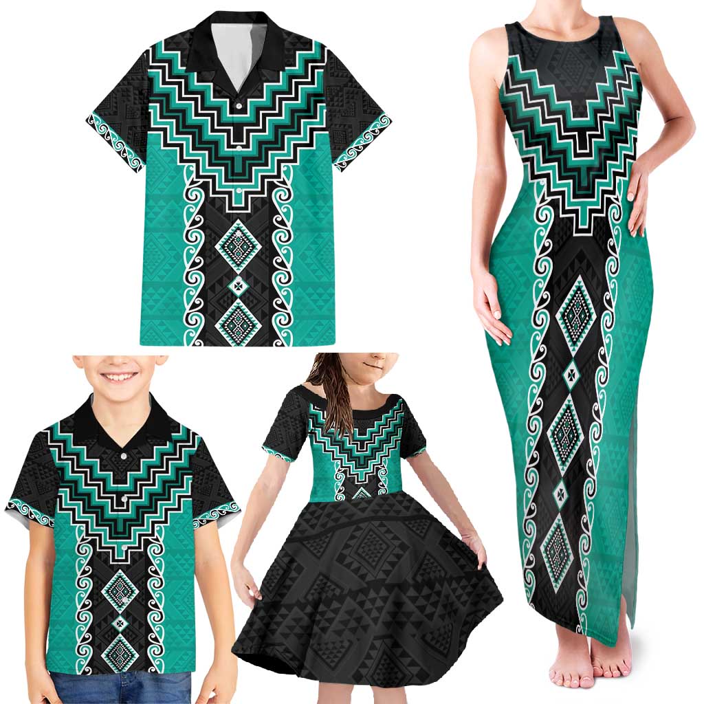 Teal Niho Taniwha Mix Poutama Family Matching Tank Maxi Dress and Hawaiian Shirt Unique Taniko Aotearoa LT01 - Polynesian Pride