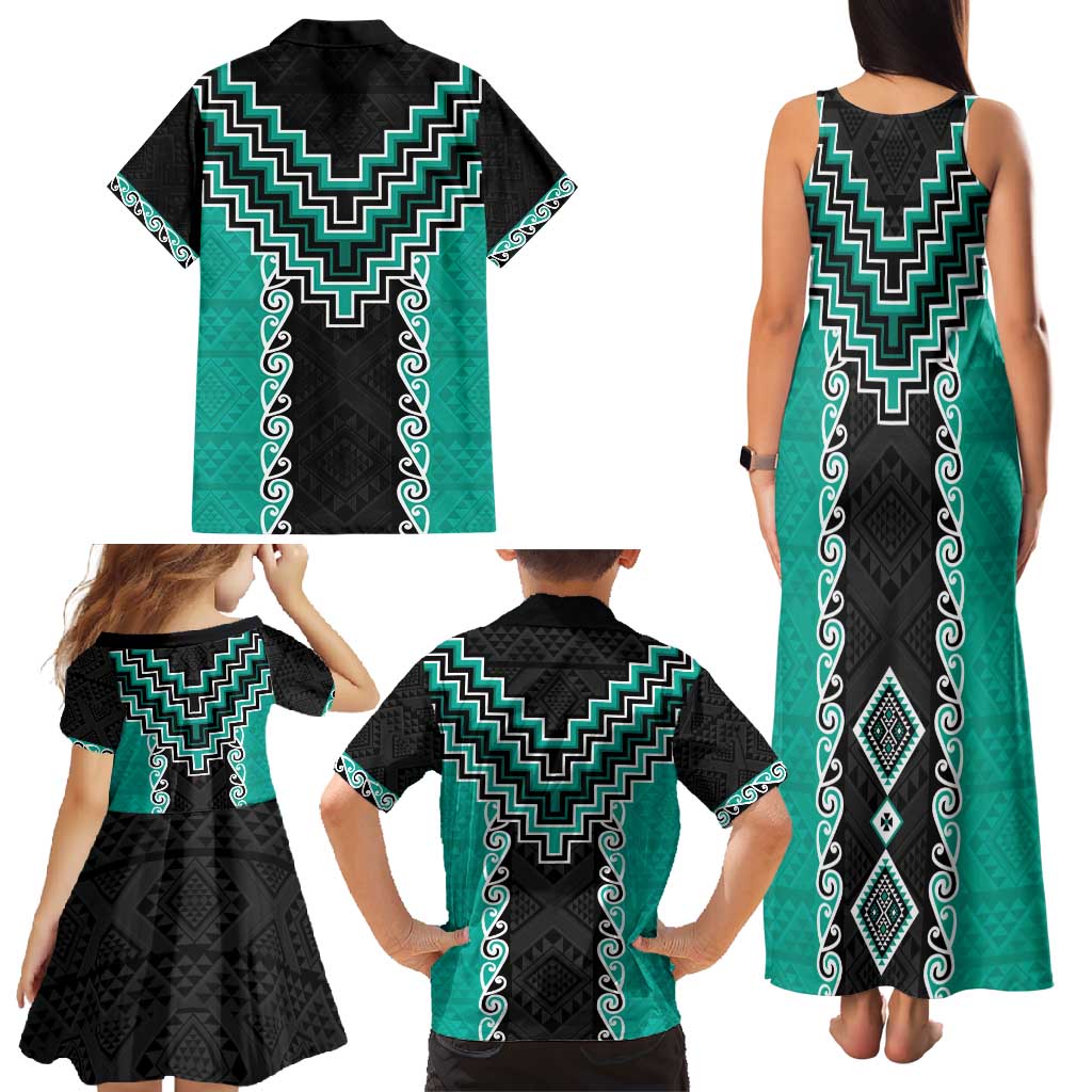 Teal Niho Taniwha Mix Poutama Family Matching Tank Maxi Dress and Hawaiian Shirt Unique Taniko Aotearoa LT01 - Polynesian Pride