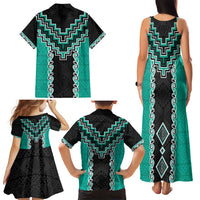 Teal Niho Taniwha Mix Poutama Family Matching Tank Maxi Dress and Hawaiian Shirt Unique Taniko Aotearoa LT01 - Polynesian Pride