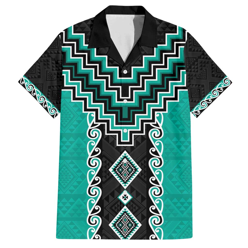 Teal Niho Taniwha Mix Poutama Family Matching Tank Maxi Dress and Hawaiian Shirt Unique Taniko Aotearoa LT01 Dad's Shirt - Short Sleeve Teal - Polynesian Pride