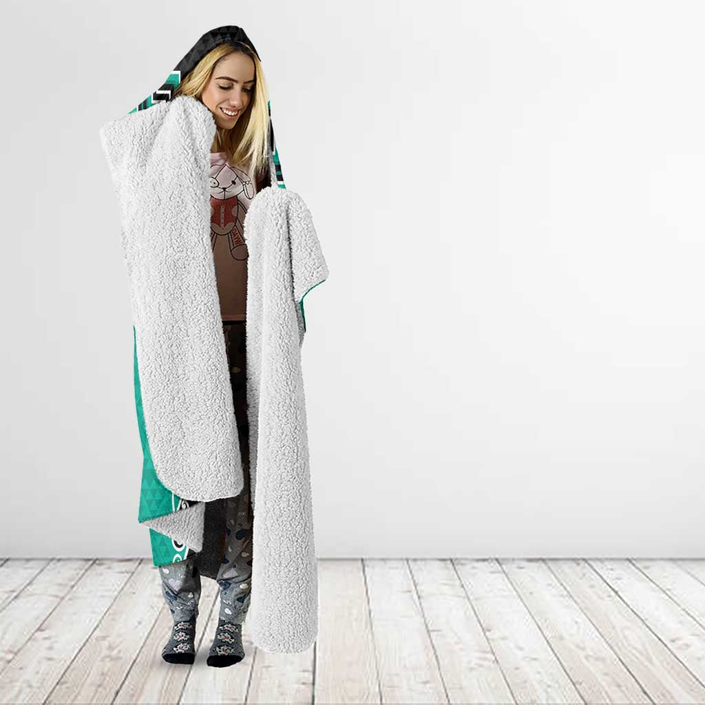 Teal Niho Taniwha Mix Poutama Hooded Blanket Unique Taniko Aotearoa