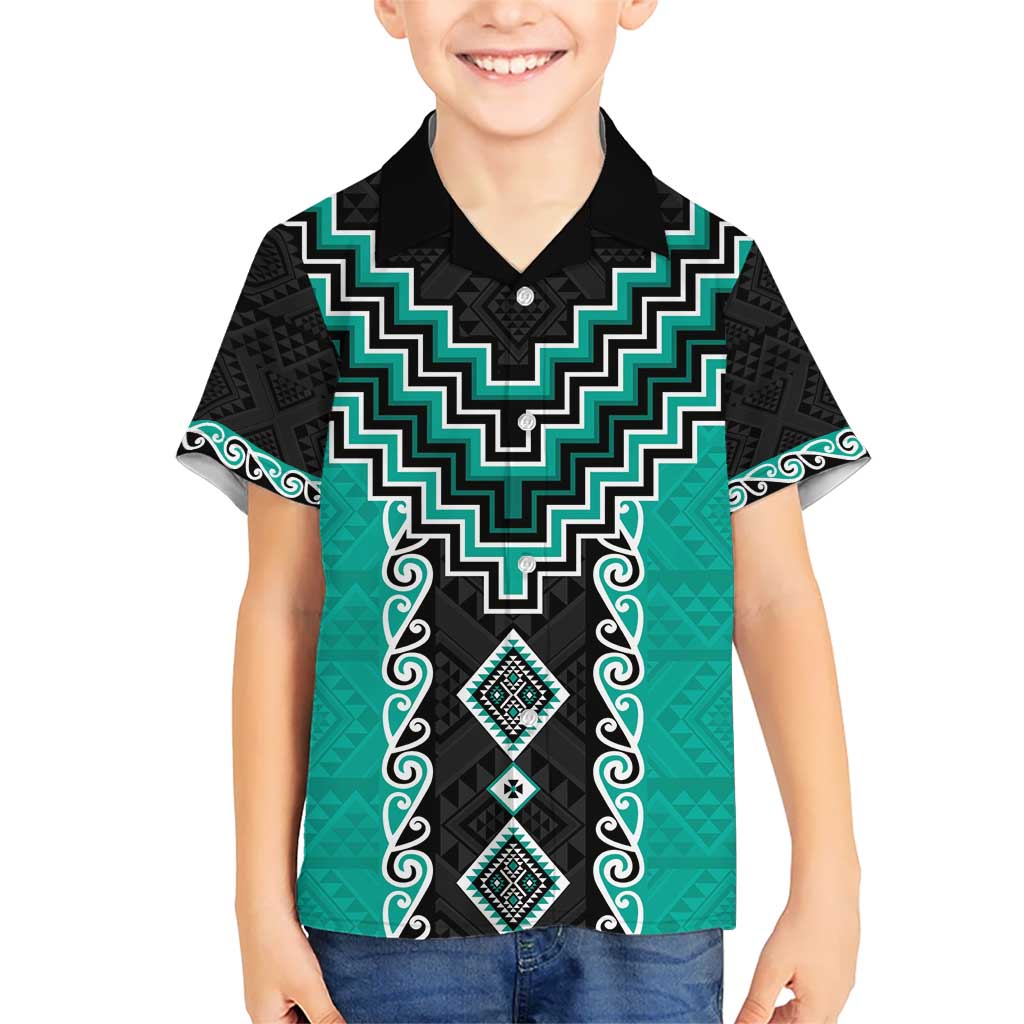 Teal Niho Taniwha Mix Poutama Kid Hawaiian Shirt Unique Taniko Aotearoa