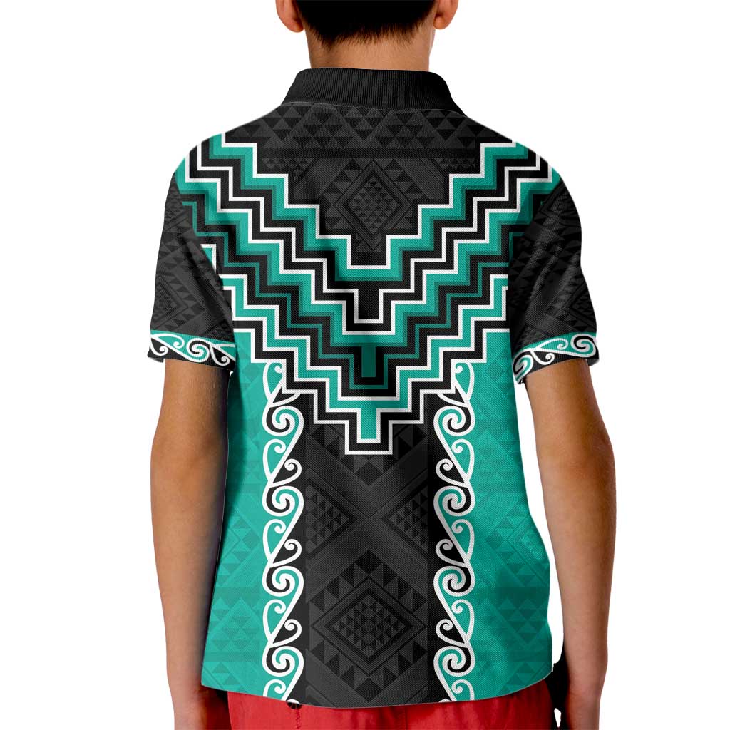 Teal Niho Taniwha Mix Poutama Kid Polo Shirt Unique Taniko Aotearoa
