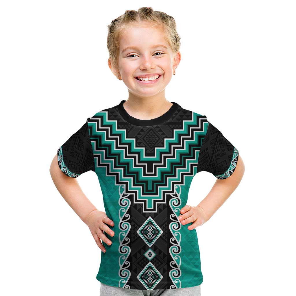 Teal Niho Taniwha Mix Poutama Kid T Shirt Unique Taniko Aotearoa