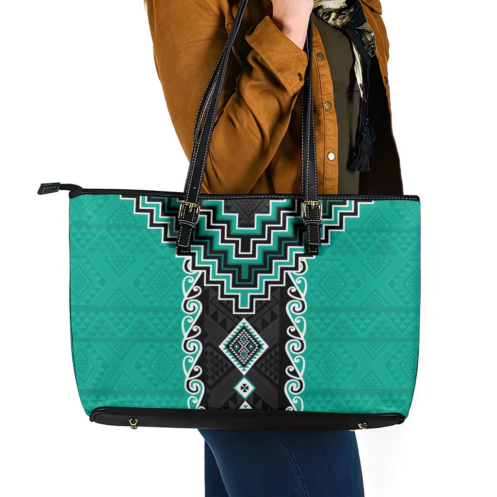 Teal Niho Taniwha Mix Poutama Leather Tote Bag Unique Taniko Aotearoa