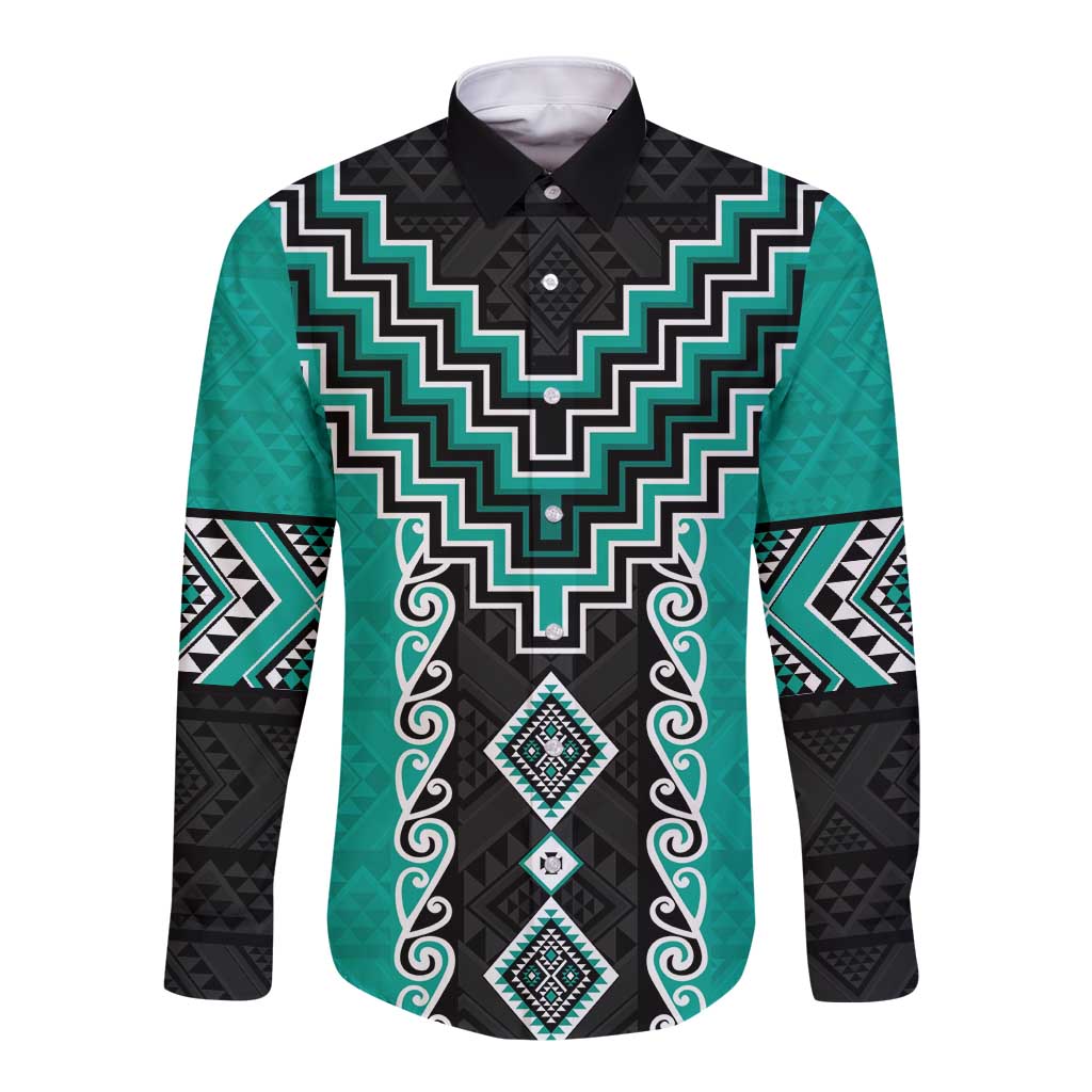 Teal Niho Taniwha Mix Poutama Long Sleeve Button Shirt Unique Taniko Aotearoa