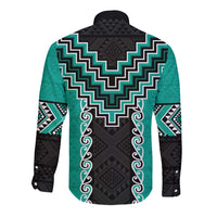 Teal Niho Taniwha Mix Poutama Long Sleeve Button Shirt Unique Taniko Aotearoa