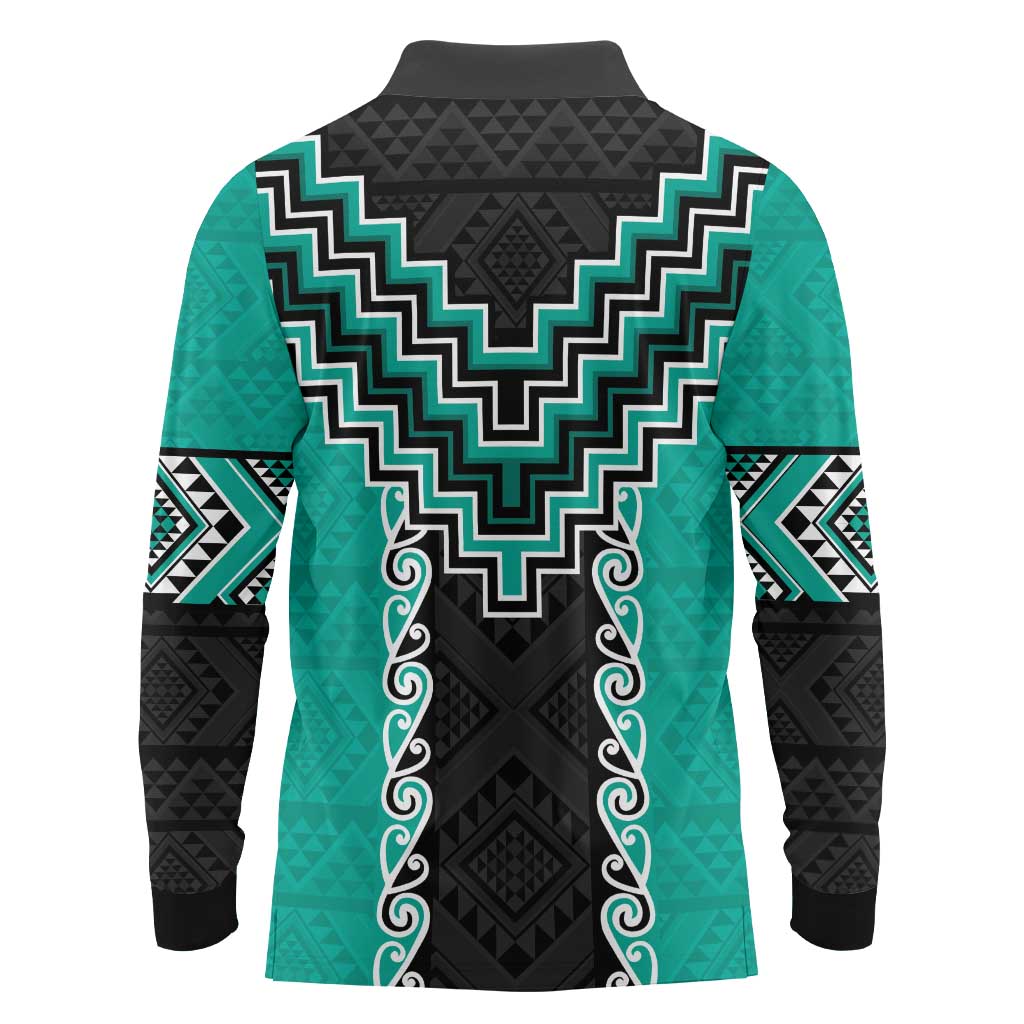Teal Niho Taniwha Mix Poutama Long Sleeve Polo Shirt Unique Taniko Aotearoa
