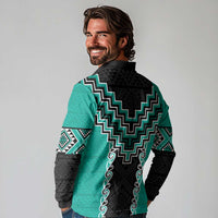 Teal Niho Taniwha Mix Poutama Long Sleeve Polo Shirt Unique Taniko Aotearoa