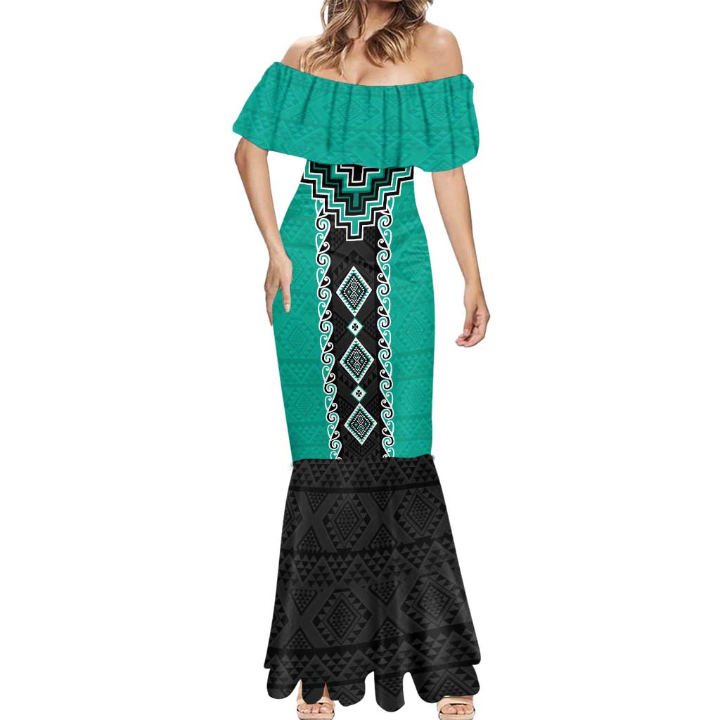Teal Niho Taniwha Mix Poutama Mermaid Dress Unique Taniko Aotearoa
