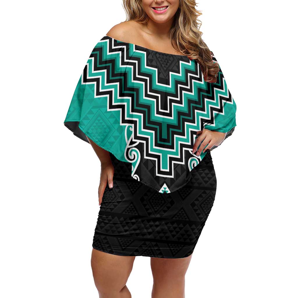 Teal Niho Taniwha Mix Poutama Off Shoulder Short Dress Unique Taniko Aotearoa LT01 Women Teal - Polynesian Pride