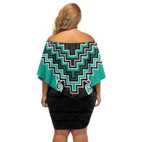 Teal Niho Taniwha Mix Poutama Off Shoulder Short Dress Unique Taniko Aotearoa LT01 - Polynesian Pride