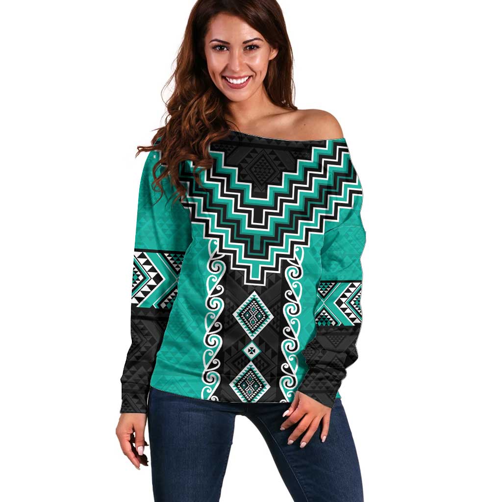 Teal Niho Taniwha Mix Poutama Off Shoulder Sweater Unique Taniko Aotearoa LT01 Women Teal - Polynesian Pride