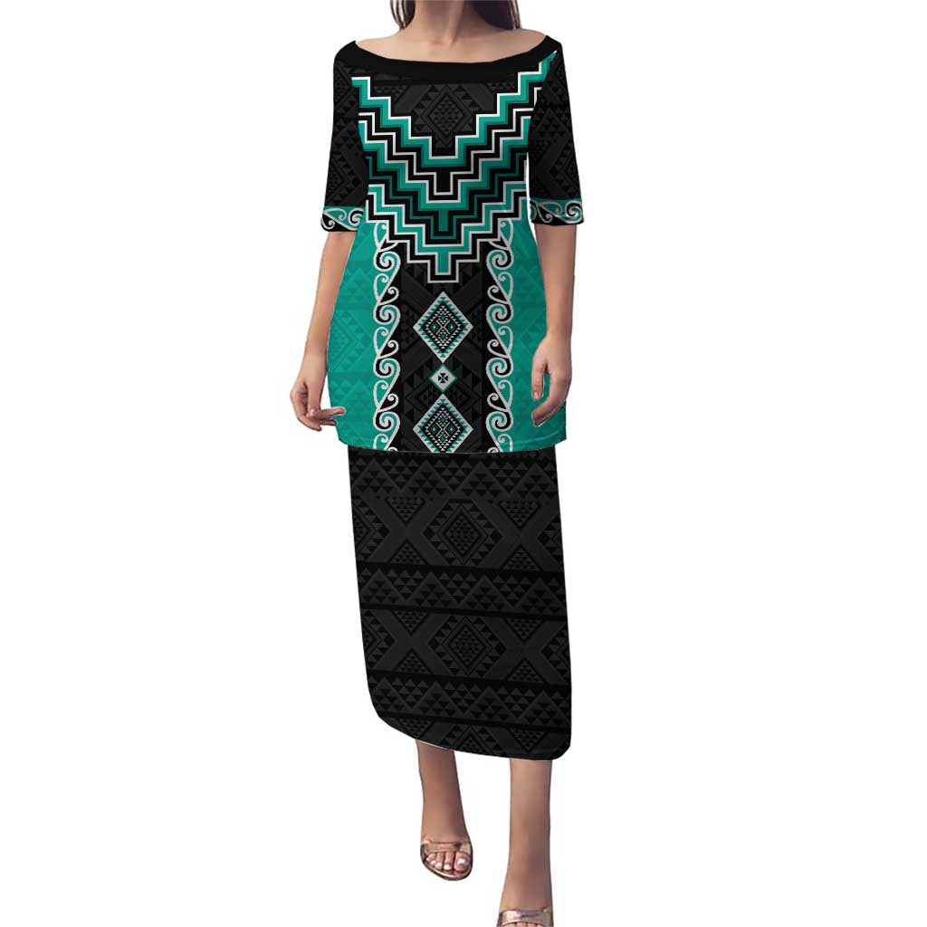 Teal Niho Taniwha Mix Poutama Puletasi Unique Taniko Aotearoa LT01 Long Dress Teal - Polynesian Pride