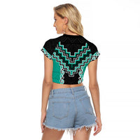 Teal Niho Taniwha Mix Poutama Raglan Cropped T Shirt Unique Taniko Aotearoa