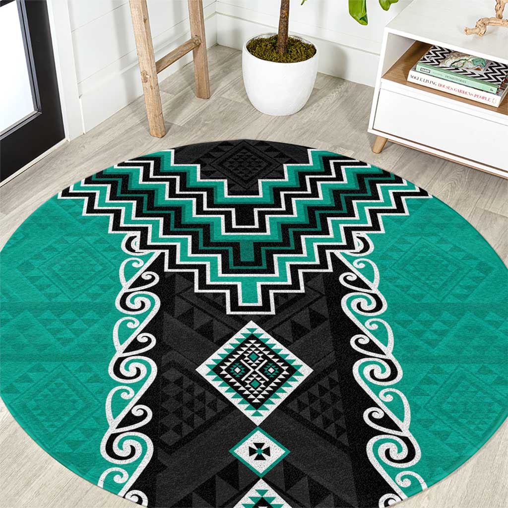 Teal Niho Taniwha Mix Poutama Round Carpet Unique Taniko Aotearoa LT01 Teal - Polynesian Pride