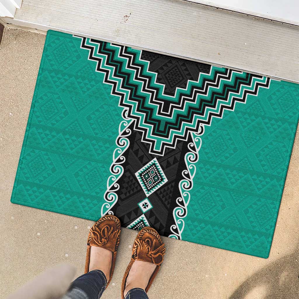 Teal Niho Taniwha Mix Poutama Rubber Doormat Unique Taniko Aotearoa