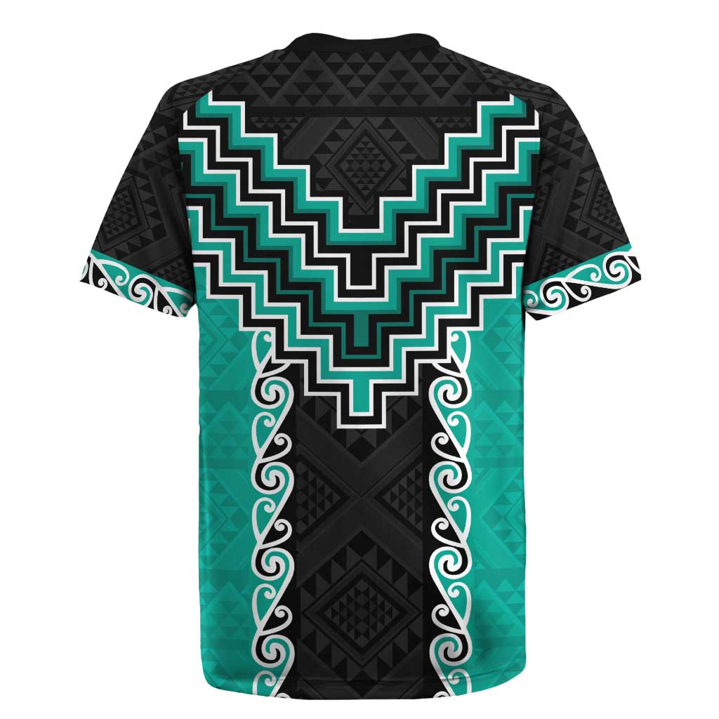 Teal Niho Taniwha Mix Poutama Rugby Jersey Unique Taniko Aotearoa