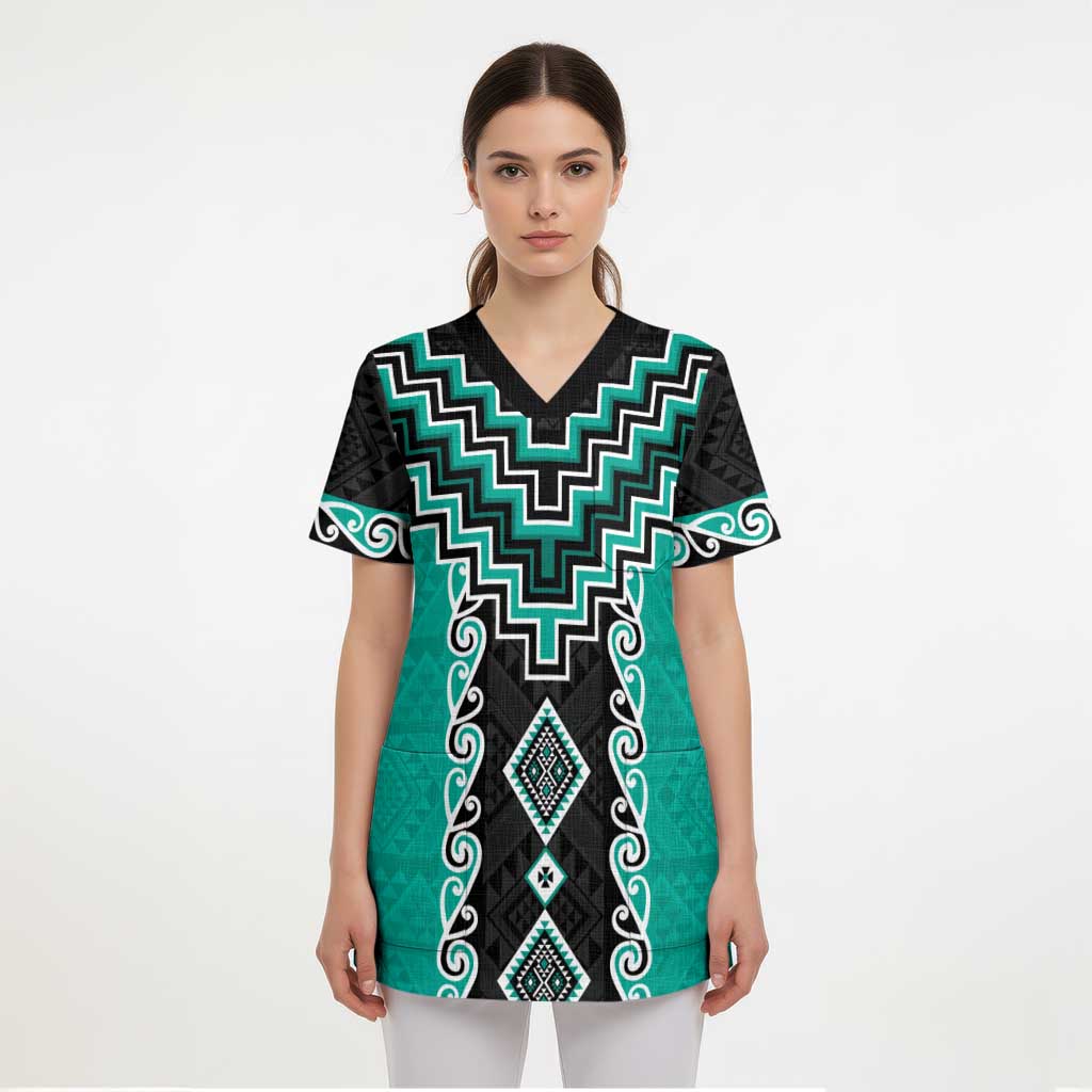 Teal Niho Taniwha Mix Poutama Scrub Top Unique Taniko Aotearoa - Polynesian Pride