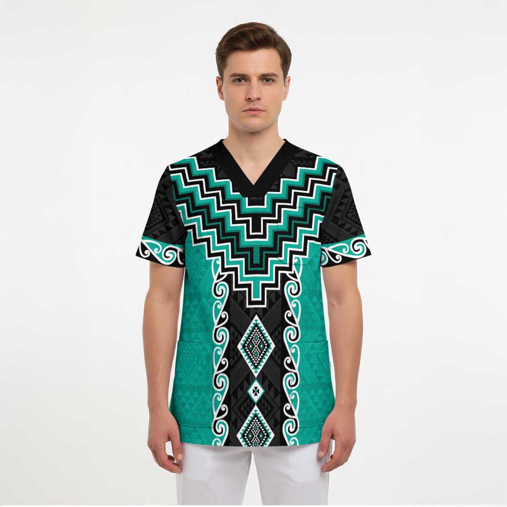 Teal Niho Taniwha Mix Poutama Scrub Top Unique Taniko Aotearoa - Polynesian Pride