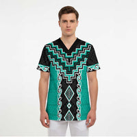 Teal Niho Taniwha Mix Poutama Scrub Top Unique Taniko Aotearoa - Polynesian Pride