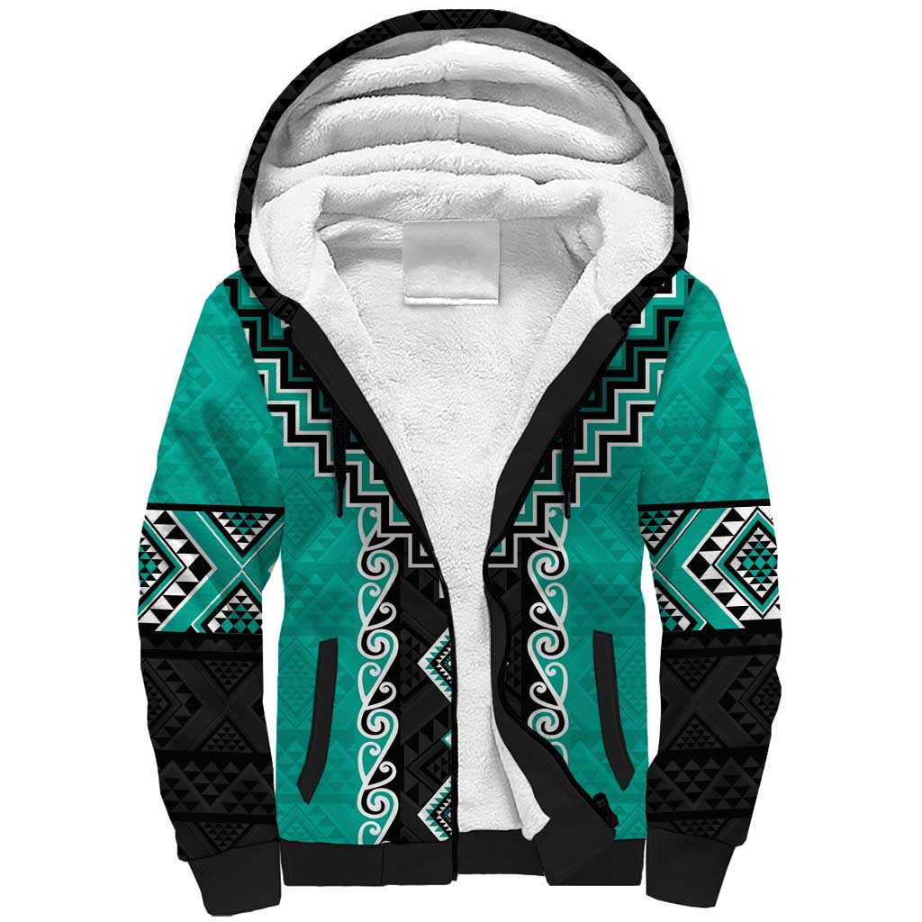 Teal Niho Taniwha Mix Poutama Sherpa Hoodie Unique Taniko Aotearoa LT01 Unisex Teal - Polynesian Pride