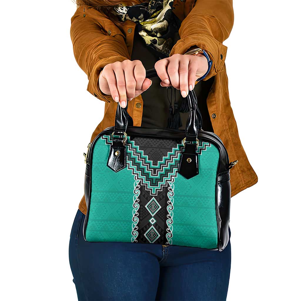 Teal Niho Taniwha Mix Poutama Shoulder Handbag Unique Taniko Aotearoa LT01 One Size Teal - Polynesian Pride