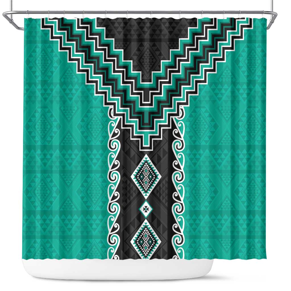 Teal Niho Taniwha Mix Poutama Shower Curtain Unique Taniko Aotearoa LT01 Teal - Polynesian Pride