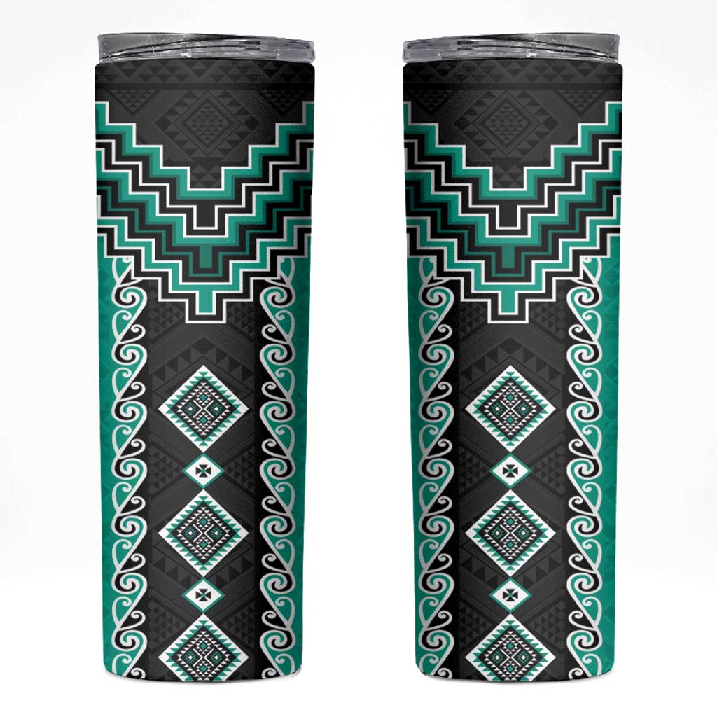 Teal Niho Taniwha Mix Poutama Skinny Tumbler Unique Taniko Aotearoa LT01 Teal - Polynesian Pride