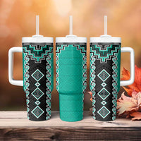 Teal Niho Taniwha Mix Poutama Tumbler With Handle Unique Taniko Aotearoa
