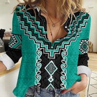 Teal Niho Taniwha Mix Poutama Women Casual Shirt Unique Taniko Aotearoa LT01 Female Teal - Polynesian Pride