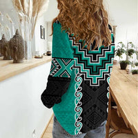 Teal Niho Taniwha Mix Poutama Women Casual Shirt Unique Taniko Aotearoa LT01 - Polynesian Pride
