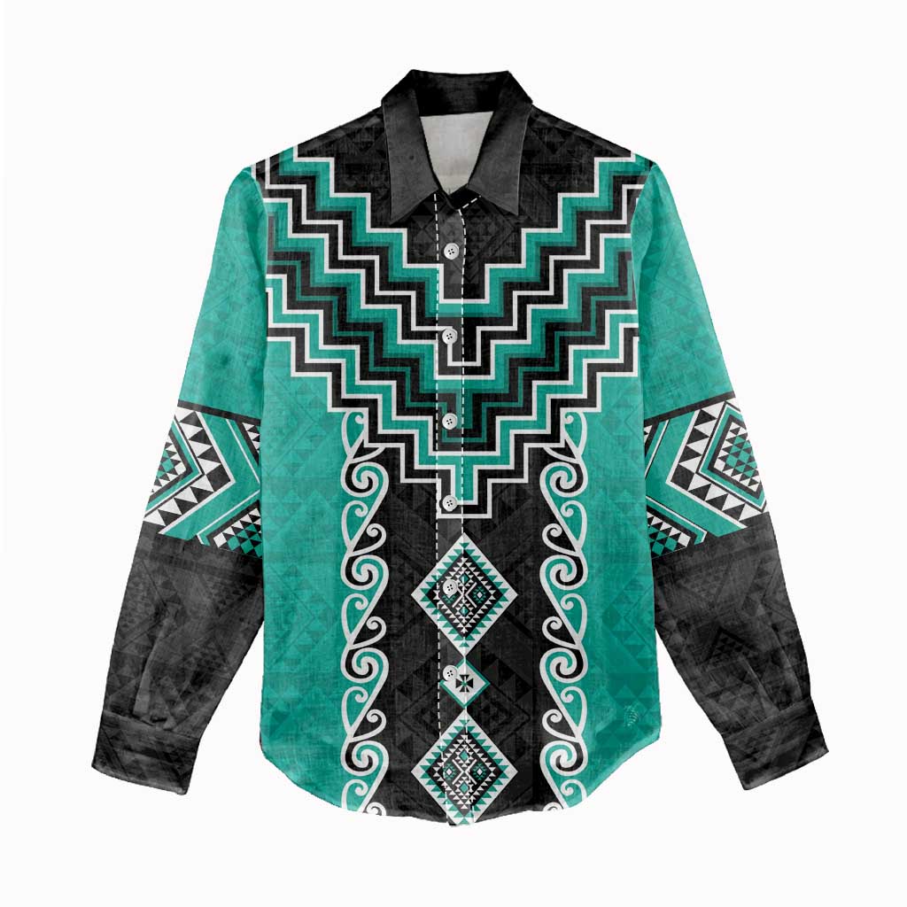 Teal Niho Taniwha Mix Poutama Women Casual Shirt Unique Taniko Aotearoa LT01 - Polynesian Pride