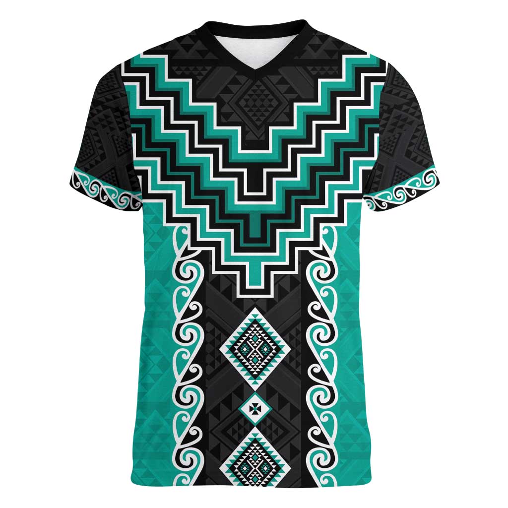 Teal Niho Taniwha Mix Poutama Women V-Neck T-Shirt Unique Taniko Aotearoa