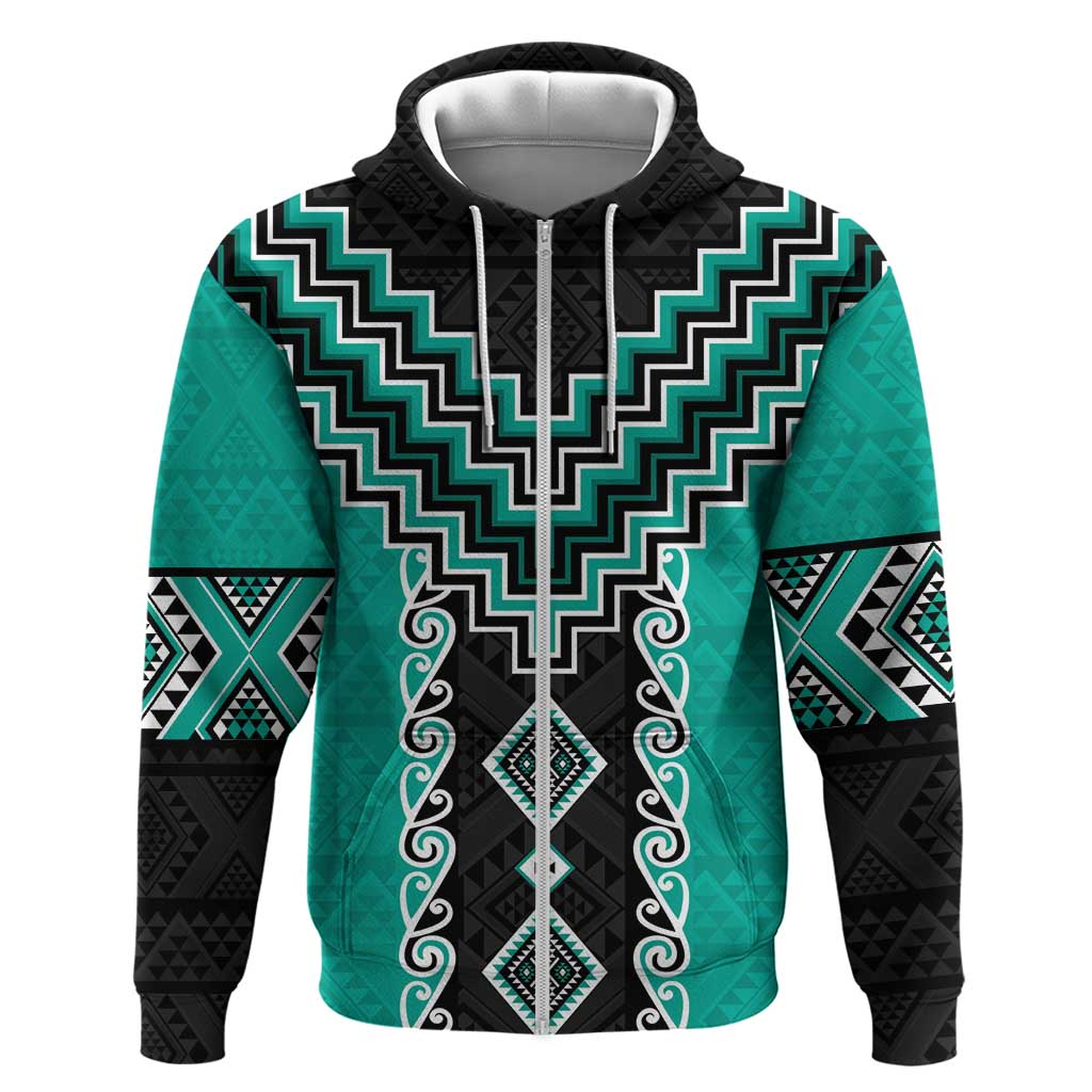 Teal Niho Taniwha Mix Poutama Zip Hoodie Unique Taniko Aotearoa LT01 Zip Hoodie Teal - Polynesian Pride