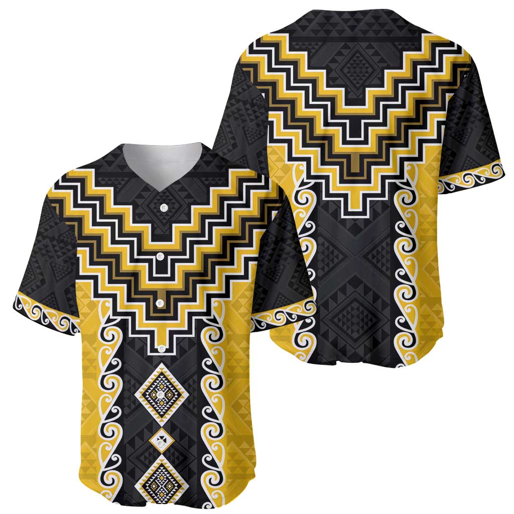 Yellow Niho Taniwha Mix Poutama Baseball Jersey Unique Taniko Aotearoa