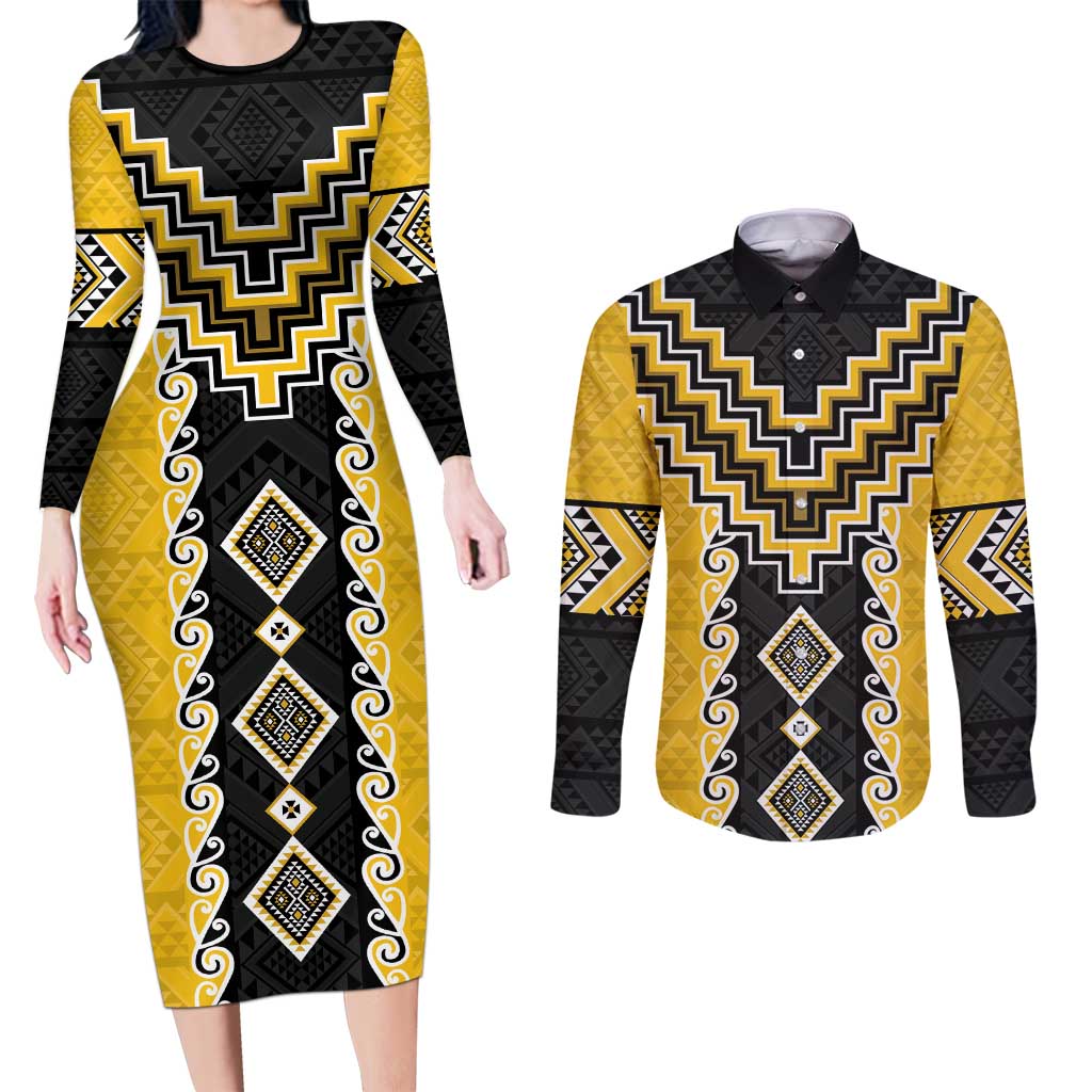Yellow Niho Taniwha Mix Poutama Couples Matching Long Sleeve Bodycon Dress and Long Sleeve Button Shirt Unique Taniko Aotearoa