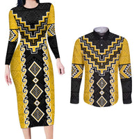 Yellow Niho Taniwha Mix Poutama Couples Matching Long Sleeve Bodycon Dress and Long Sleeve Button Shirt Unique Taniko Aotearoa